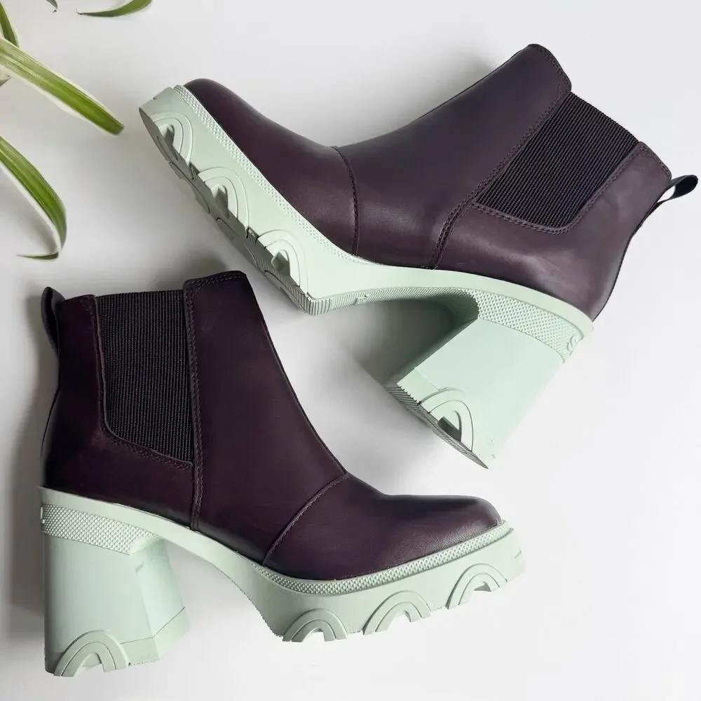 Sorel Brex Brown Leather Mint Green Chunky Lug Heel Ankle Boots Size 8.5